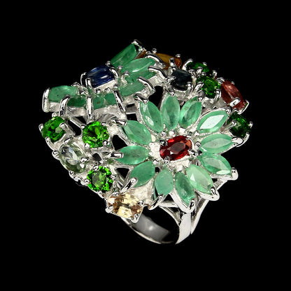 Saphir Smaragd Chromdiopsid Ring Silber weißvergoldet - INARA - Detailansicht