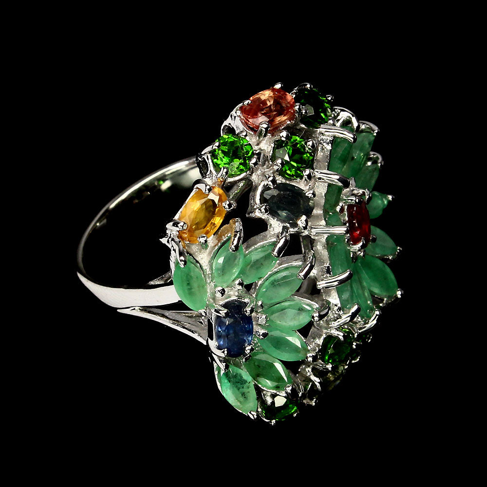 Saphir Smaragd Chromdiopsid Ring Silber weißvergoldet - INARA - Seitenansicht