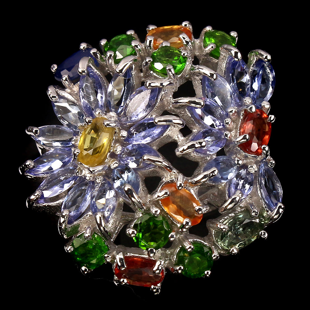 Tansanit Saphir Chromdiopsid Ring Silber weißvergoldet - INARA - Vorderansicht