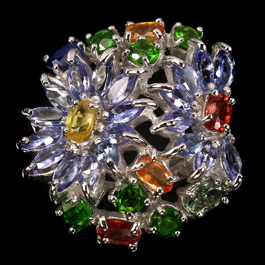 Tansanit Saphir Chromdiopsid Ring Silber weißvergoldet - INARA - Vorderansicht