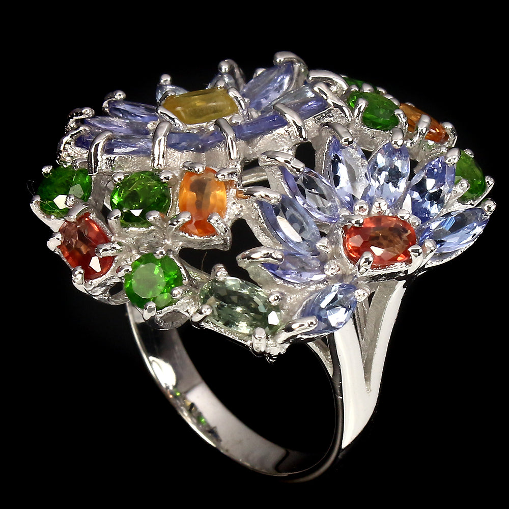 Tansanit Saphir Chromdiopsid Ring Silber weißvergoldet - INARA - Seitenansicht