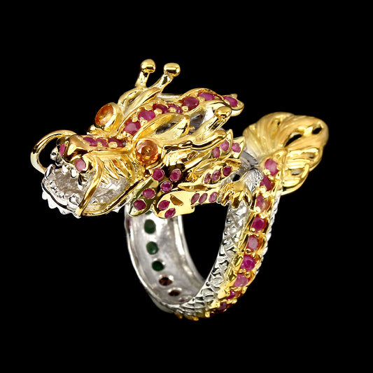 Ruby Emerald Sapphire Tanzanite Rhodolite Dragon Ring Size 57