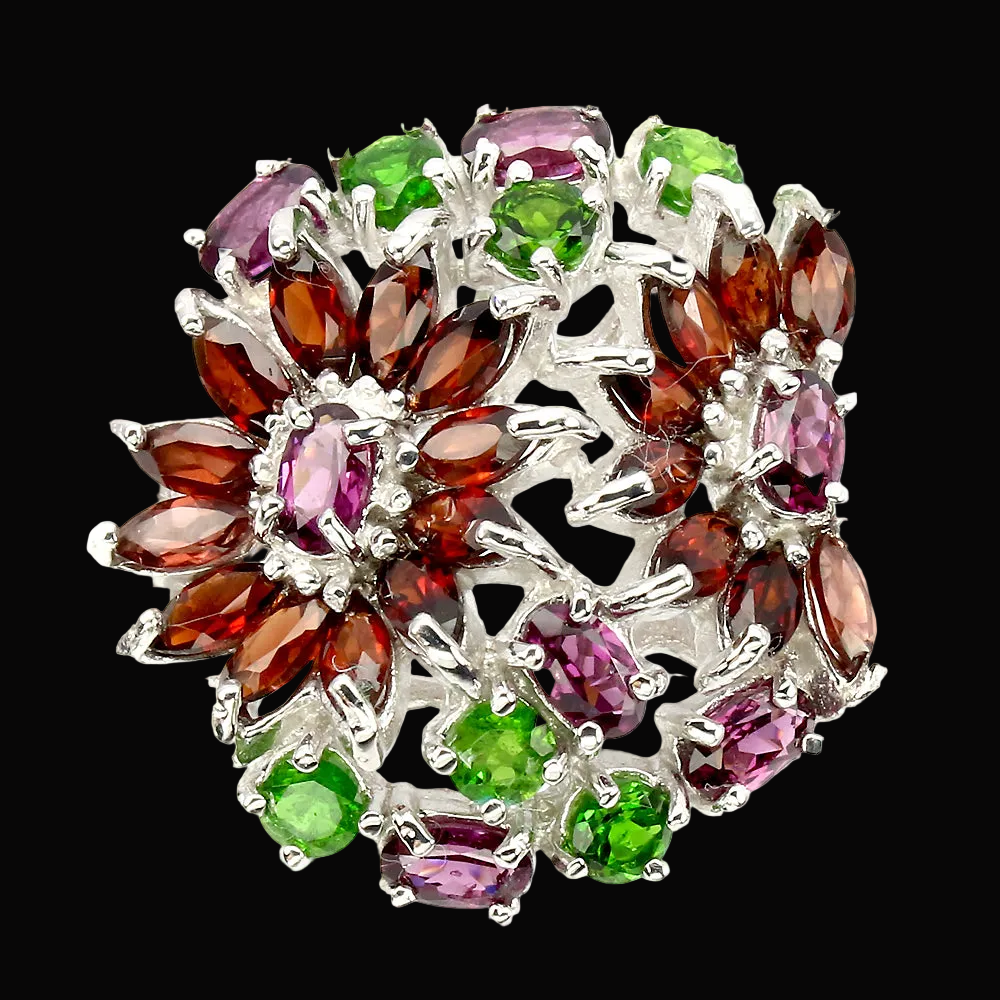 Granat Chromdiopsid Rhodolit Ring Silber weißvergoldet - INARA - Vorderansicht