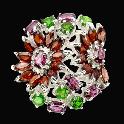 Granat Chromdiopsid Rhodolit Ring Silber weißvergoldet - INARA - Vorderansicht
