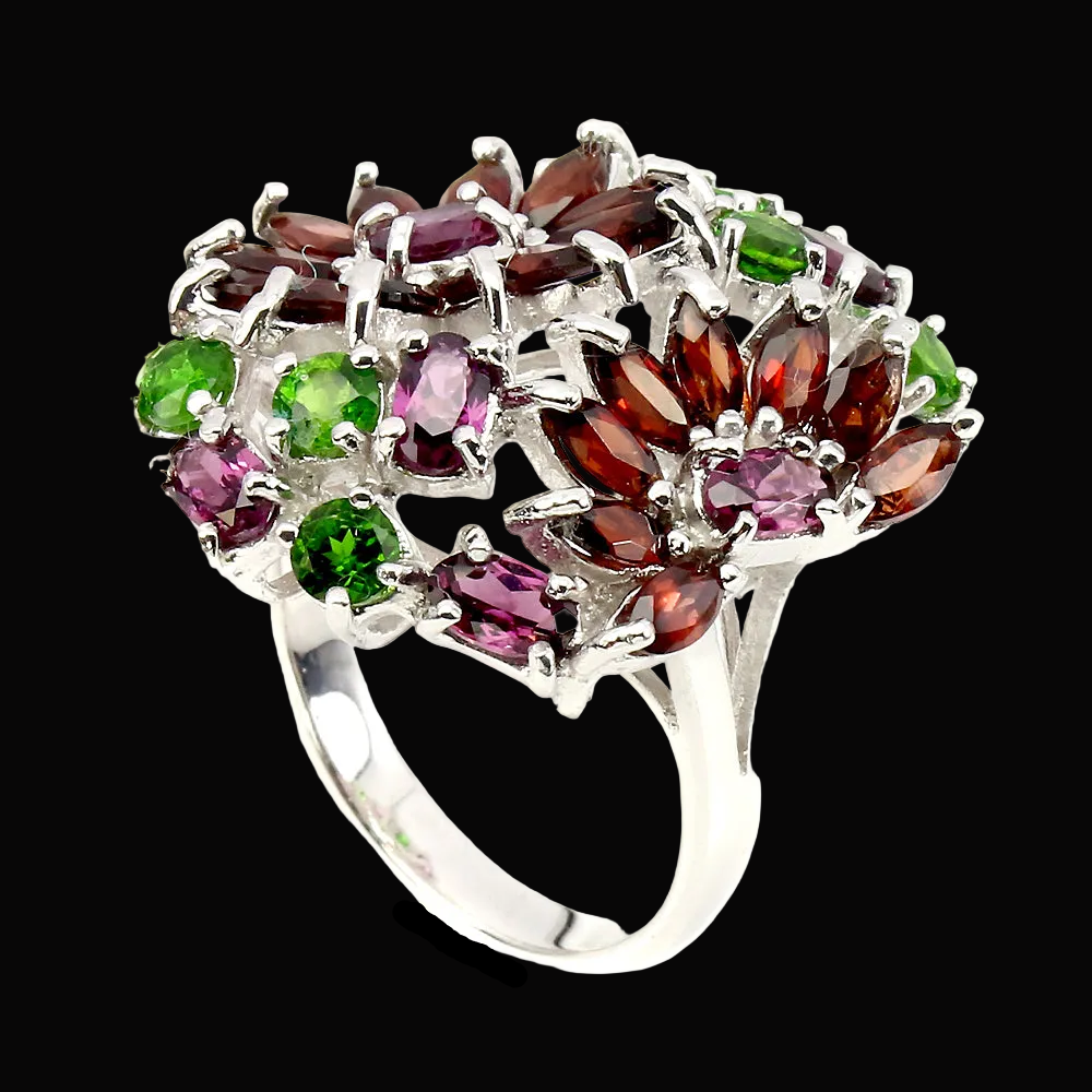 Granat Chromdiopsid Rhodolit Ring Silber weißvergoldet - INARA - Seitenansicht