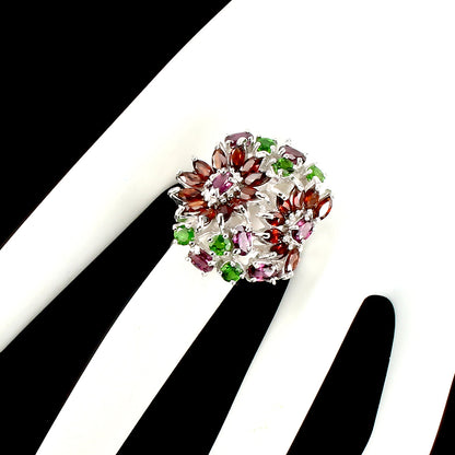 Granat Chromdiopsid Rhodolit Ring Silber weißvergoldet - INARA - Detailansicht