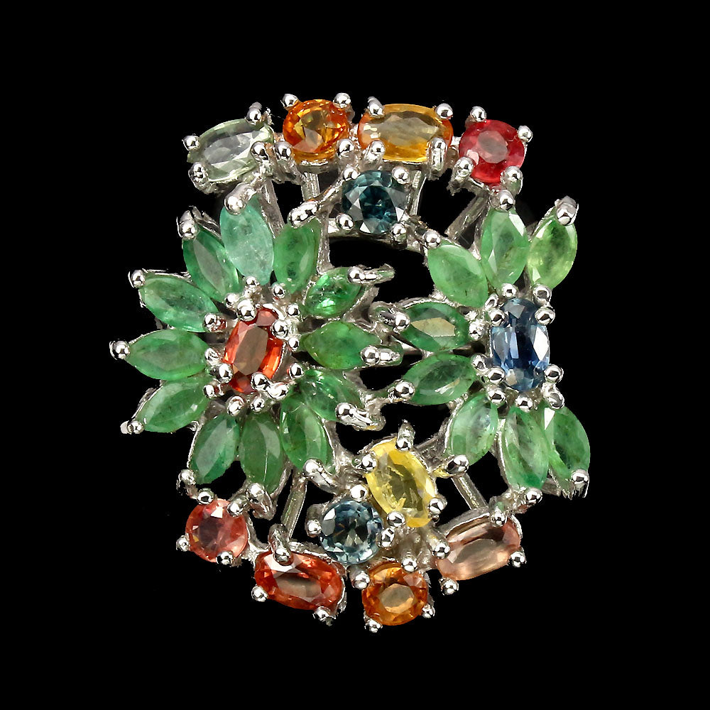 Smaragd Saphir Blumen Ring Silber weißvergoldet - INARA - Vorderansicht
