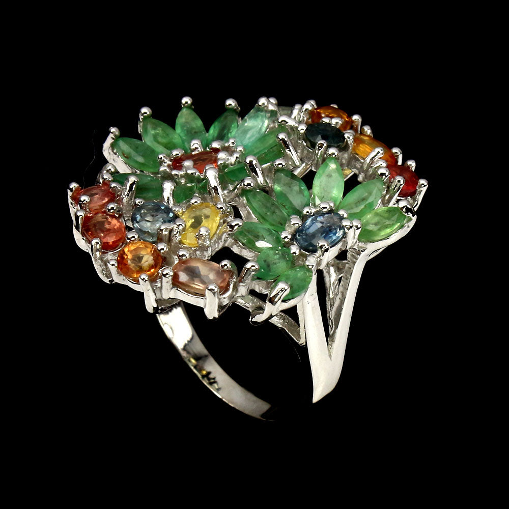Smaragd Saphir Blumen Ring Silber weißvergoldet - INARA - Seitenansicht