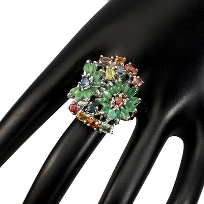 Smaragd Saphir Blumen Ring Silber weißvergoldet - INARA - Detailansicht