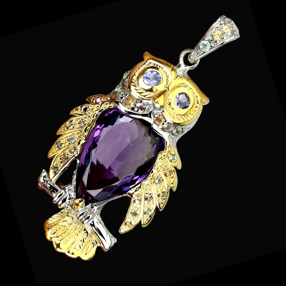 Amethyst Tansanit Saphir Eule Anhänger Silber weißvergoldet - INARA - Vorderansicht 2