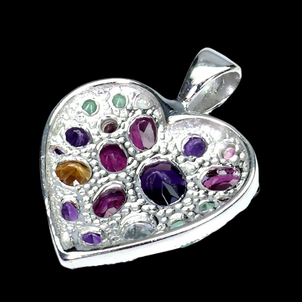 Amethyst Aquamarin Citrin Smaragd Rhodolit Herz Anhänger Silber - INARA