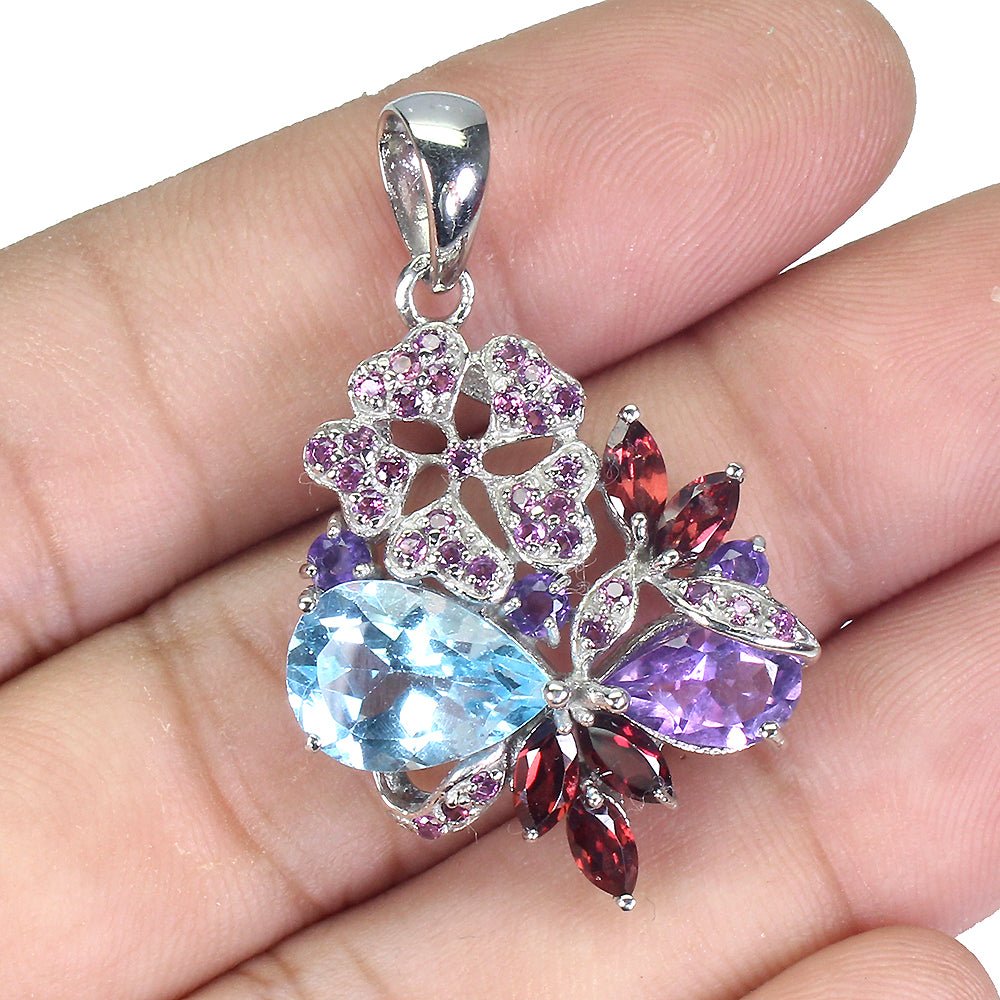 Blautopas Amethyst Granat Rhodolit Anhänger Silber - INARA