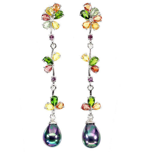 Russian Diopside Sapphire Rhodolite Pearl Earrings