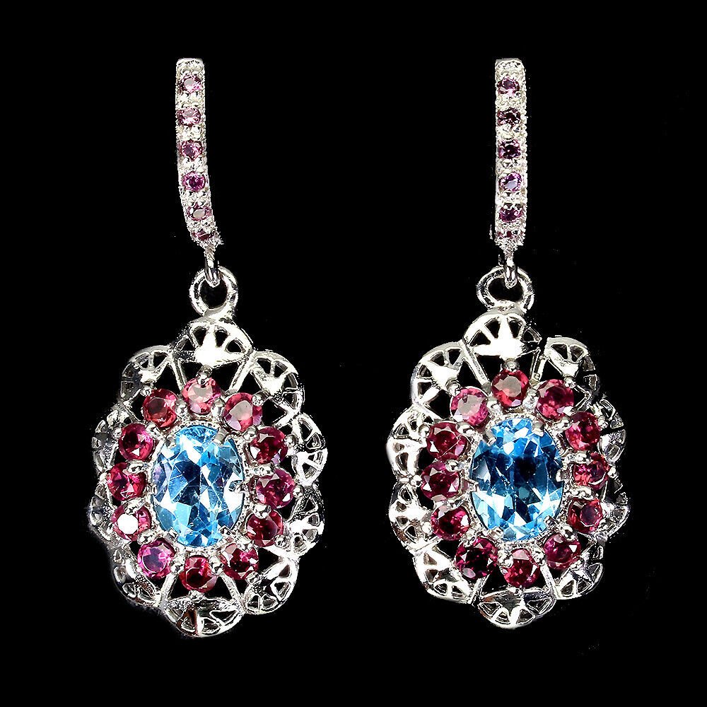 Boucles d'oreilles topaze bleue rhodolite bleu suisse