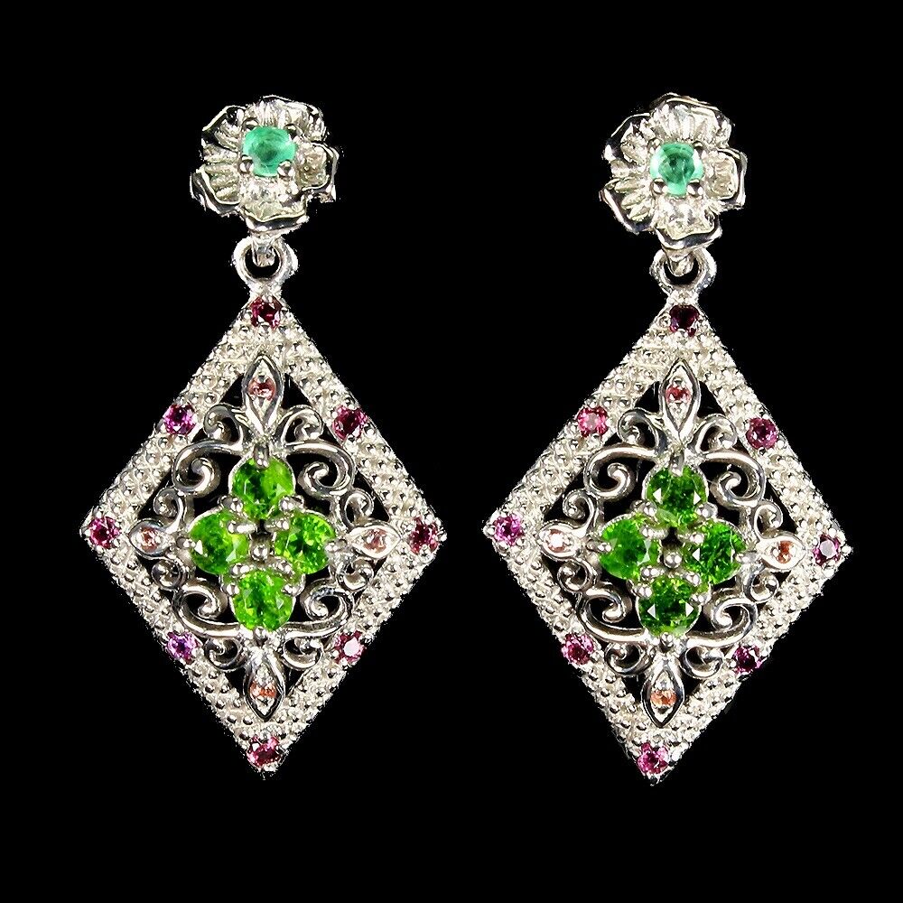 Russische diopside smaragd saffier rhodoliet oorbellen