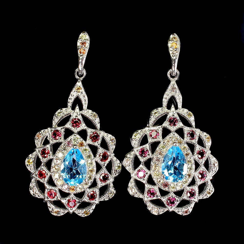 Boucles d'Oreilles Topaze Bleue Rhodolite Saphir