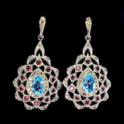 Swiss Blue Topaz Rhodolite Sapphire Earrings