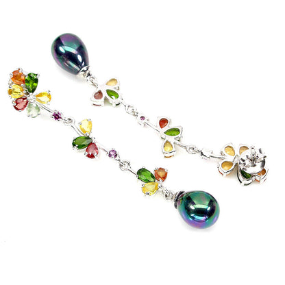 Russian Diopside Sapphire Rhodolite Pearl Earrings