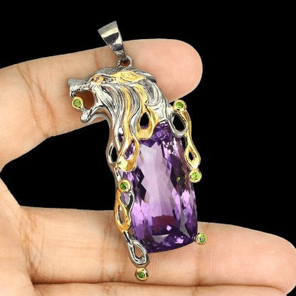 Amethyst Chromdiopsid Löwe Anhänger Silber - INARA