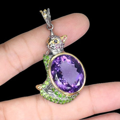 Amethyst Chromdiopsid Rhodolit Saphir Katze Anhänger Silber - INARA