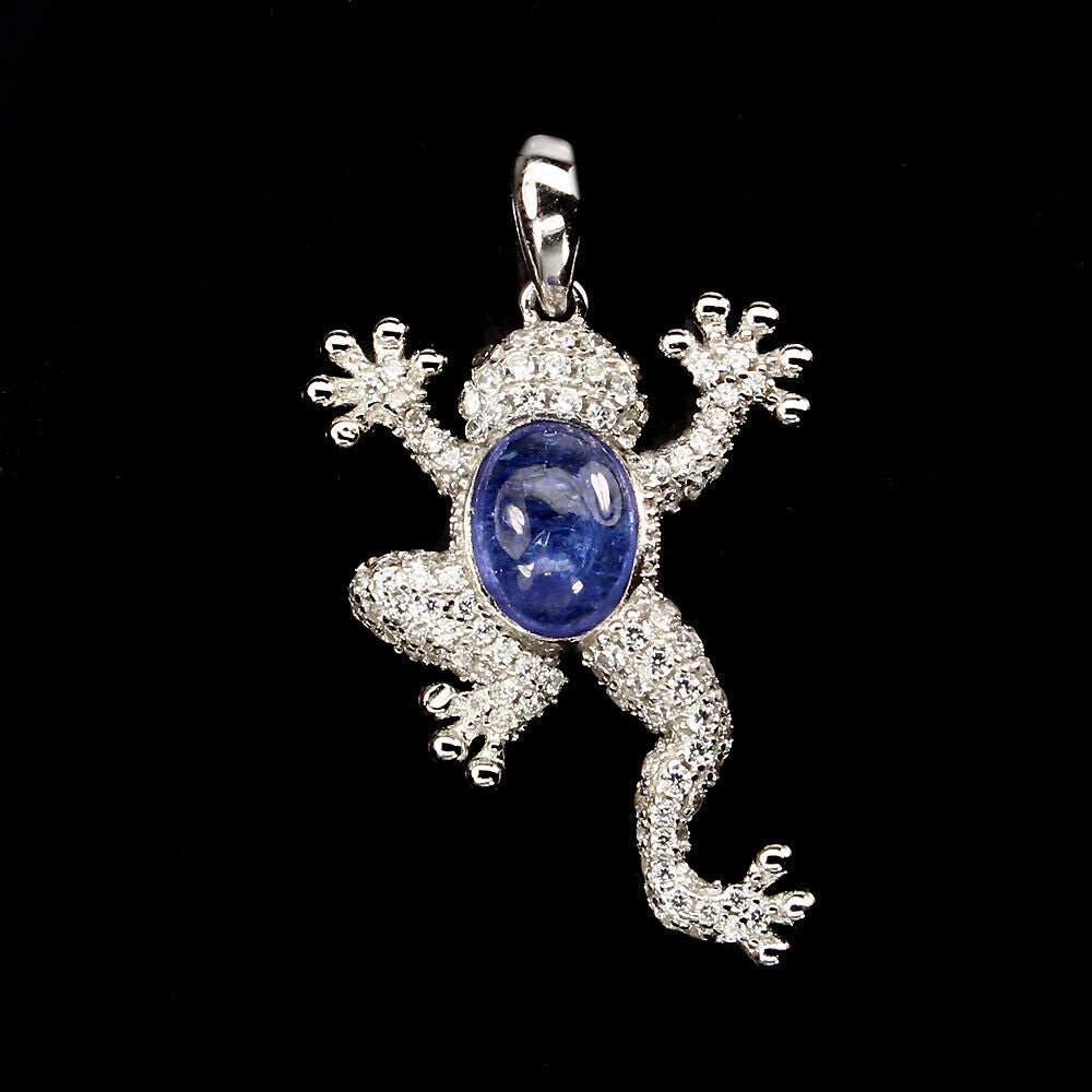 Anhänger Frosch Tansanit Cabochon 925 Silber 585 Weißgold vergoldet Silber - INARA