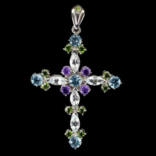 Aquamarin Amethyst Blautopas Chromdiopsid Kreuz Anhänger Silber - INARA