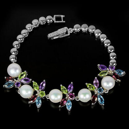 Armband Rhodolit Blautopas Amethyst Peridot Perle 925 Silber 585 Weißgold verg. Silber - INARA