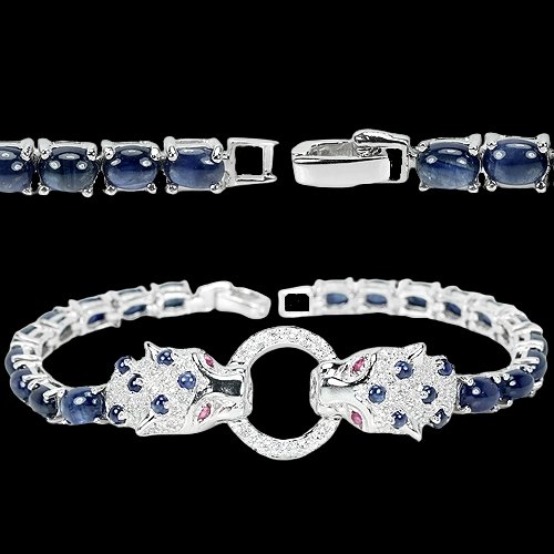 Blauer Saphir Rubin Raubkatze Armband Silber - INARA