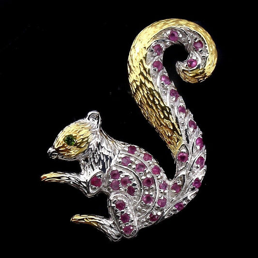 Brosche Eichhörnchen Rubin Chromdiopsid 925 Silber 585 bicolor vergoldet Silber - INARA