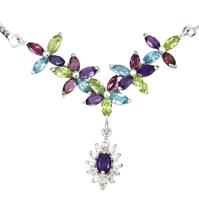 Collier Halskette Amethyst Peridot Rhodolit Blautopas 925 Silber 585 weißverg. Silber - INARA