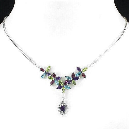 Collier Halskette Amethyst Peridot Rhodolit Blautopas 925 Silber 585 weißverg. Silber - INARA