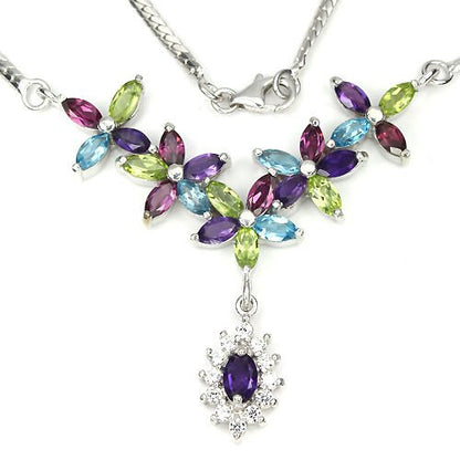 Collier Halskette Amethyst Peridot Rhodolit Blautopas 925 Silber 585 weißverg. Silber - INARA