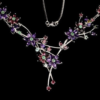 Collier Halskette Amethyst Smaragd Rhodolit 925 Silber 585 Weißgold vergoldet Silber - INARA