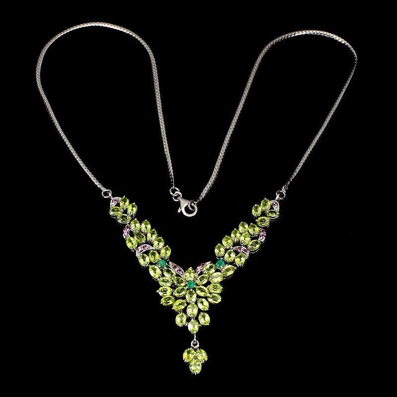 Collier Halskette Peridot Smaragd Rhodolit 925 Silber 585 Weißgold vergoldet Silber - INARA