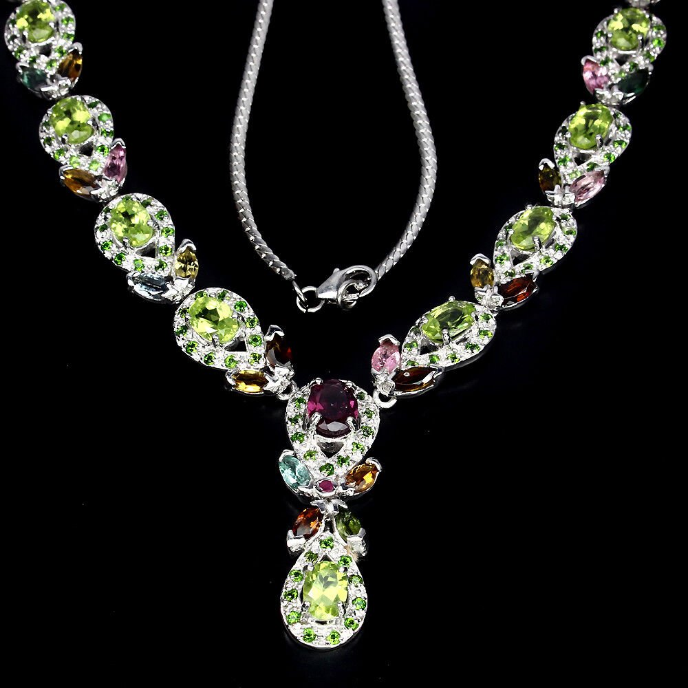 Collier Halskette Peridot Turmalin Chromdiopsid 925 Silber 585 Weißgold verg. Silber - INARA