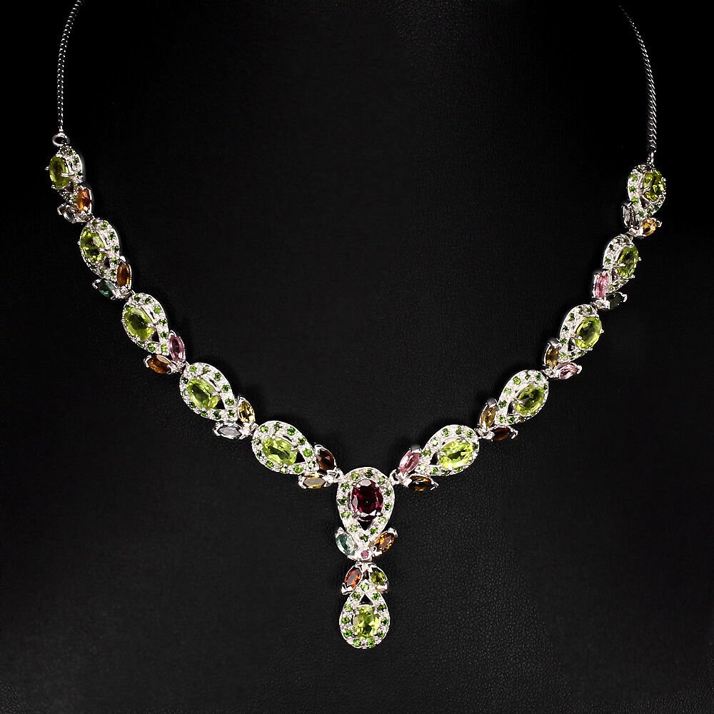 Collier Halskette Peridot Turmalin Chromdiopsid 925 Silber 585 Weißgold verg. Silber - INARA