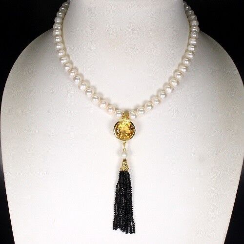 Collier Halskette Perle Citrin 15 mm Spinell 925 Silber 585 Gelbgold vergoldet Silber - INARA