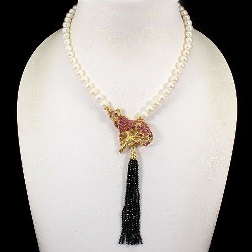 Collier Halskette Raubkatze Perle Rubin Spinell 925 Silber 585 Gelbgold verg. Silber - INARA