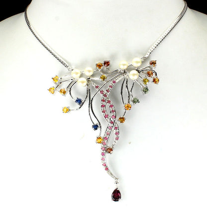 Collier Halskette Saphir Rubin Rhodolit Perle 925 Silber 585 Weißgold vergoldet Silber - INARA