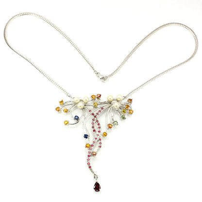 Collier Halskette Saphir Rubin Rhodolit Perle 925 Silber 585 Weißgold vergoldet Silber - INARA