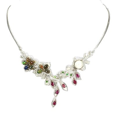 Collier Schwarzer Opal Rubin Tsavorit Perle 925 Silber 585 Weißgold vergoldet Silber - INARA