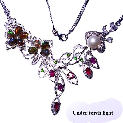 Collier Schwarzer Opal Rubin Tsavorit Perle 925 Silber 585 Weißgold vergoldet Silber - INARA