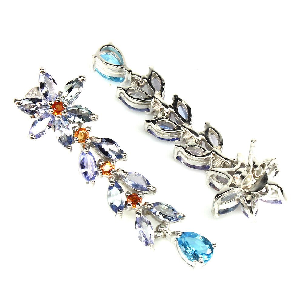 Boucles D'oreilles Pendantes En Argent 925 - Saphirs Multicolores, Tsavorite, Améthyste, Tanzanite - Neuf