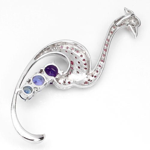 Großer Anhänger Pfau Rubin Saphir Amethyst Tansanit 925 Silber 585 weißvergoldet Silber - INARA