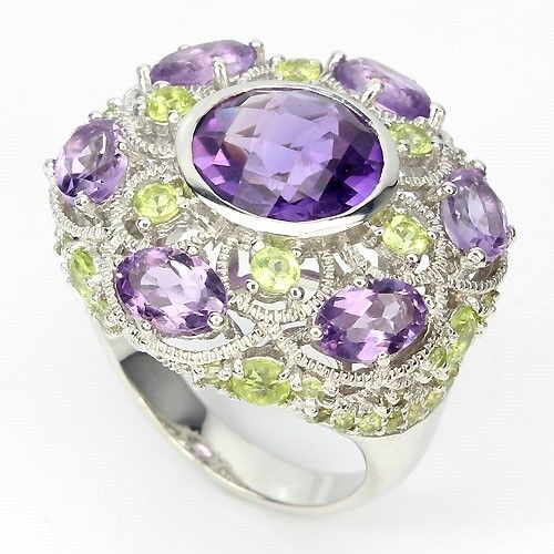 Großer Ring Amethyst Peridot 925 Silber 585 Weißgold vergoldet Gr. 58 Silber - INARA