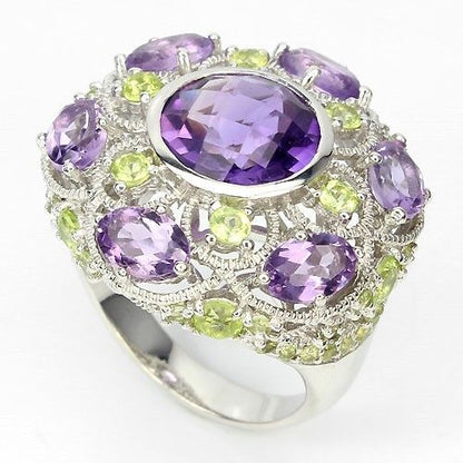 Großer Ring Amethyst Peridot 925 Silber 585 Weißgold vergoldet Gr. 58 Silber - INARA