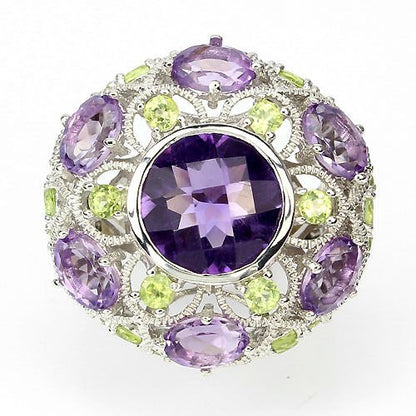 Großer Ring Amethyst Peridot 925 Silber 585 Weißgold vergoldet Gr. 58 Silber - INARA