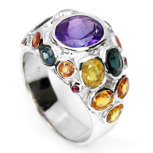 Großer Ring Amethyst Saphir Rubin 925 Silber 585 Weißgold vergoldet Gr. 68 Silber - INARA