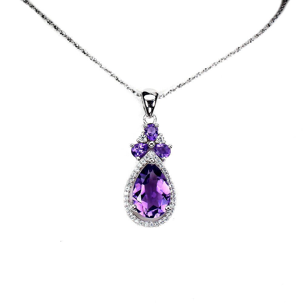 Halskette mit Anhänger Amethyst Tropfenschliff 925 Silber 585 Weißgold vergold. Silber - INARA