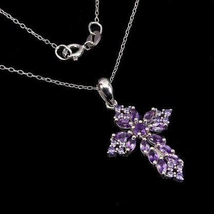 Halskette mit Anhänger Kreuz Amethyst 925 Silber 585 Weißgold vergoldet Silber - INARA